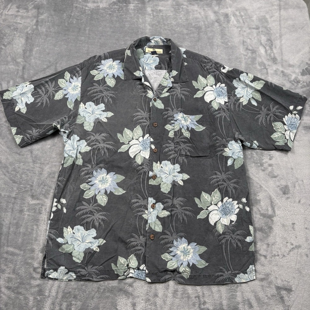 Tommy Bahama Shirt Mens Large Gray Silk Hawaiian Floral Camp Button Up Tropical*